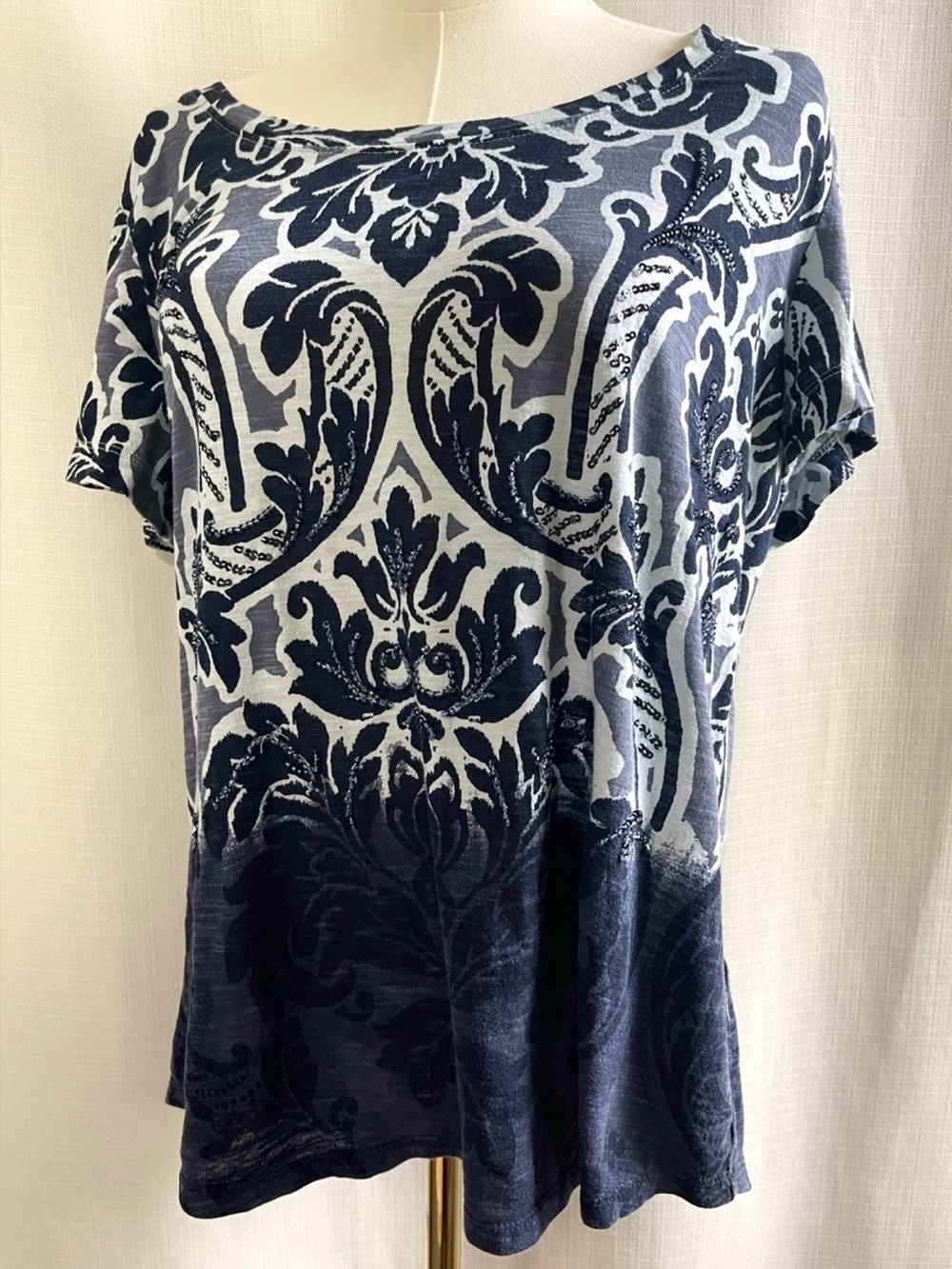 Sequin Damask Blouse Embellished Baroque Top Shimmering Holiday Knit Sonoma